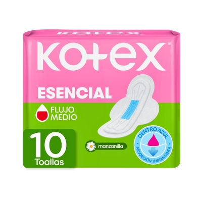 Toallas Sanitarias Fragancia Manzanilla Kotex Esencial 10 Und/Paq