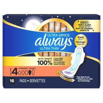 Toallas Sanitarias Ultra Finas Overnight Always 16 Und/Paq